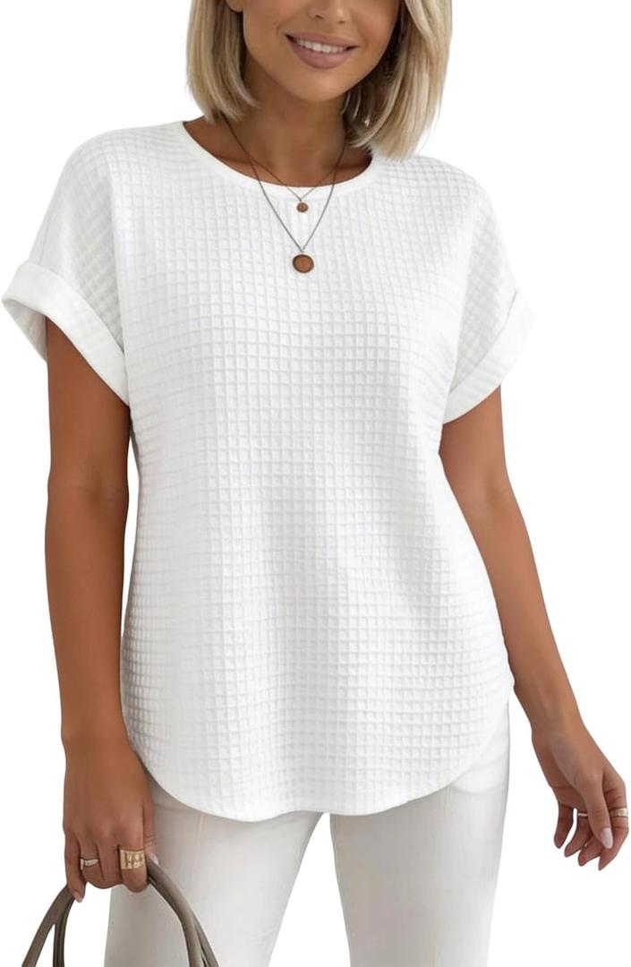 HVT Spring Blouses for Women 2026 Waffle Trendy Blouses Crewneck Short Sleeve Knit Tops Casual Daily Blouses Tee (White, M)