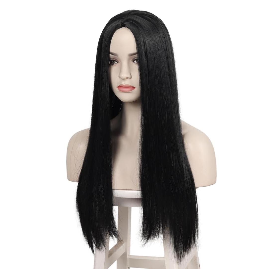 WildCos 25 Inch/ 65 cm Long Straight Cosplay Wig for Women Cute Black Straight Wigs for Halloween Costume (Black)