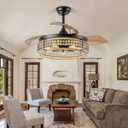 42" Retractable Ceiling Fans with Lights and Remote, Modern Industrial Crystal Chandelier Ceiling Fan Fandelier Ceiling Fan with Light for Bedroom Living Room Dining Room,3 ABS Blades, 6 Speed