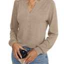 EasyGala Womens V Neck Long Sleeve Shirts Henley Dressy Casual Tops Loose Fit Trendy Tees Fall T Shirts Outfits 2025 Khaki (Beige, L)