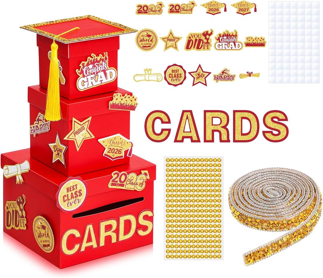 3 x 27 PCS Class of 2026 Graduation Card Box Holder for Party 2026 Graduation centerpiece Nesting Gift Boxes Decorations Gard Memory Keeper Holder for Reception Table Decor for School College(Red Gold)