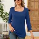 TICTICMISS Women's 3/4 Sleeve Shirts Square Neck Solid Color Summer Tops Dressy Casual Ladies Blouses Tops B-Navy Blue, Small (Blue, S)