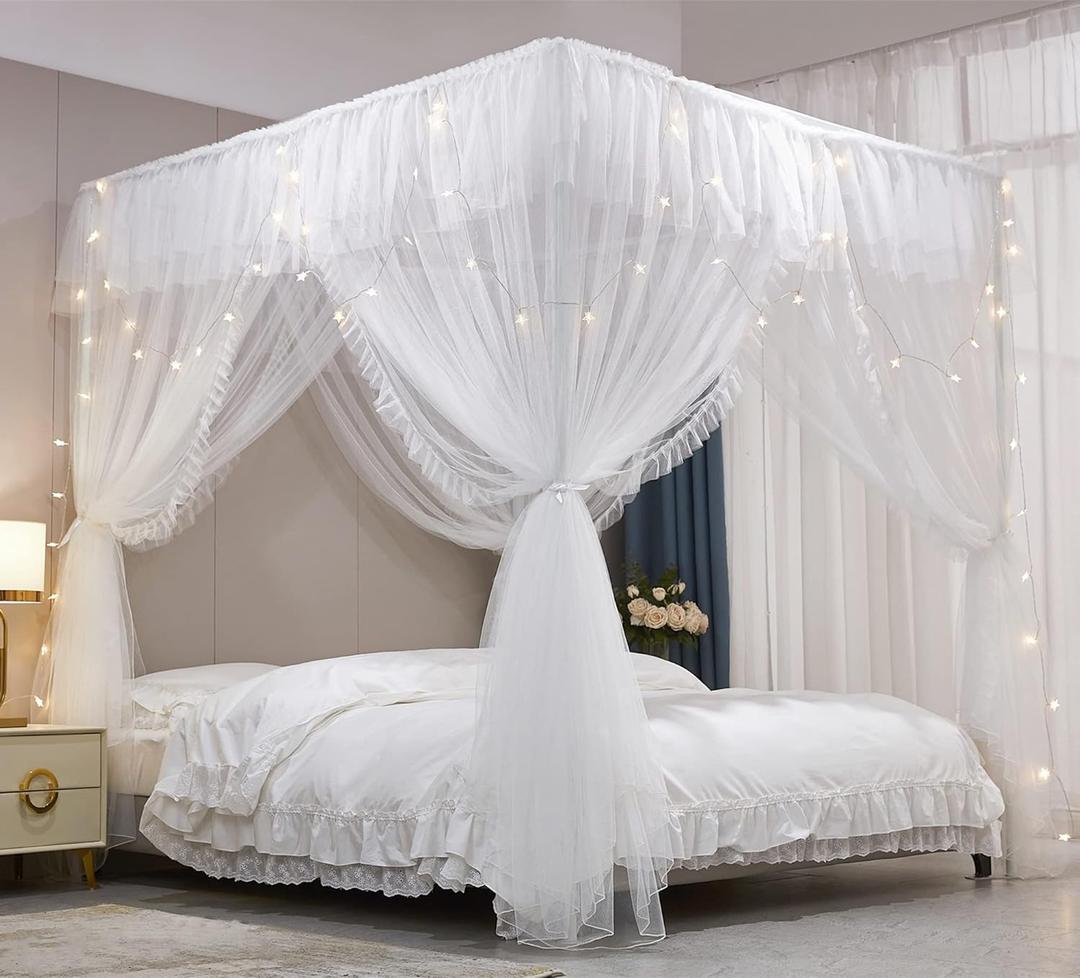 VETHIN 4 Corners Post Ruffle Princess Bed Canopy Curtain-Double Layer Cozy Drape Netting 4 Opening Mosquito Net for Girls Adults Bedroom Decoration (White/White, 59" W*82" L*82"*H/(Queen))