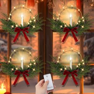 4 Set Christmas Wreath for Front Door with LED Candles 13'' Xmas Advent Window Wreaths with Light Cord and Remote Control Wall Garland for Party Decor Not Include Battery (Bow,Red)