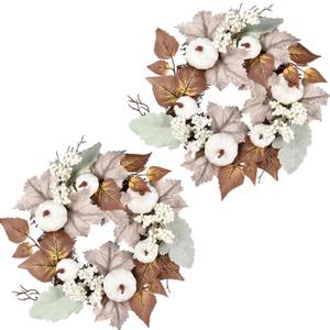 Lvydec 2 Pack Artificial Pumpkin Fall Wreath - 12" Autumn Wreath with Colorful Maple Leaves White Pumpkin and Berries for Front Door Table Wall and Thanksgiving Decoration (12 Inch - 2 Pack)