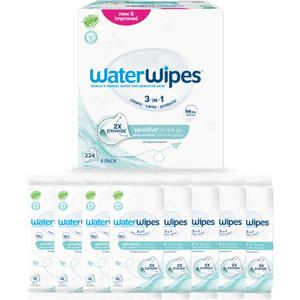 WaterWipes Sensitive+ On The Go Wipes, 3-In-1 Cleans, Cares, Protects, 99.9% Water, Unscented & Hypoallergenic Wet Wipes, 224 Count (8 Packs)