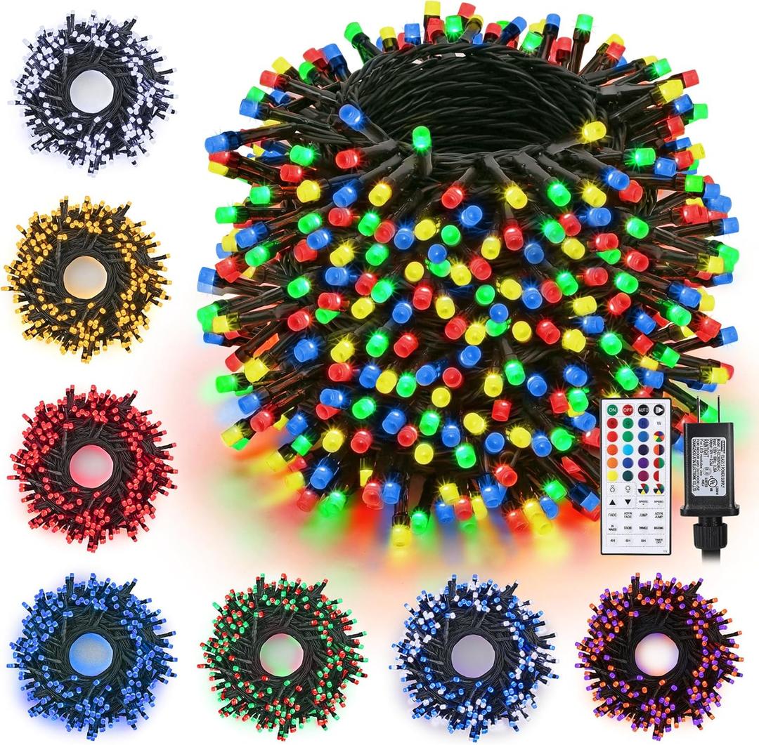 iShabao RGB Color Changing String Lights, 115ft 300 LED Red Wihte Blue Light with Remote Timer, Wateproof Plug in,July 4th Patriotic Lights for Wreath Home Party Yard Garden Tree Decor