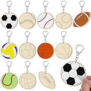 Trnayi 29 Pcs Color Your Own Sports Ball Keychains Crafts for Boys Girls Unfinished Wooden Football Basketball Soccer Crafts Blank Wood Painting DIY Crafts for Home Classroom Activities Project Decor
