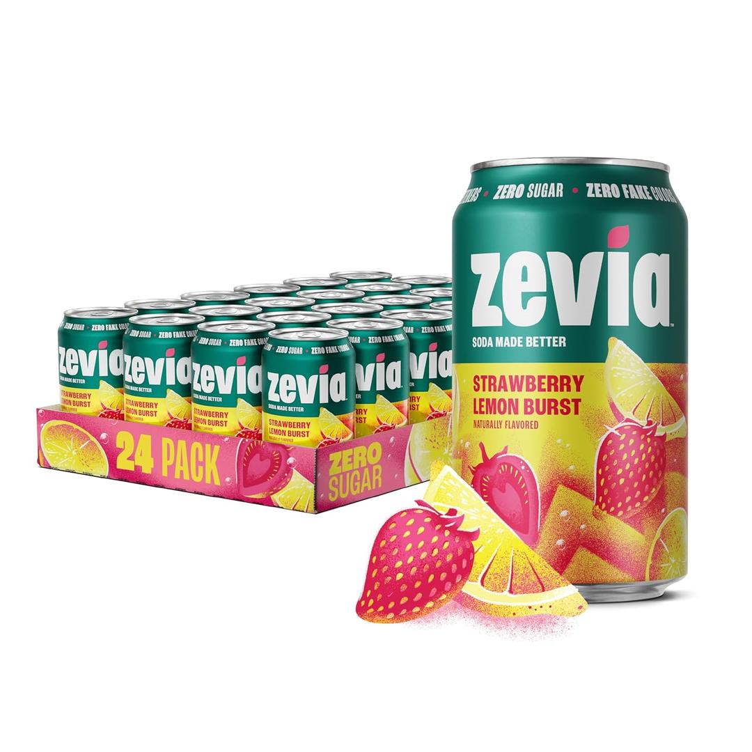 Zevia Kids Zero Sugar Sparkling Drink, Strawberry Lemon, Vegan Friendly, Kosher, Gluten Free & Non-GMO, 6 Count, 45 Fluid Ounce (Pack of 4), BBD 08/26/2025