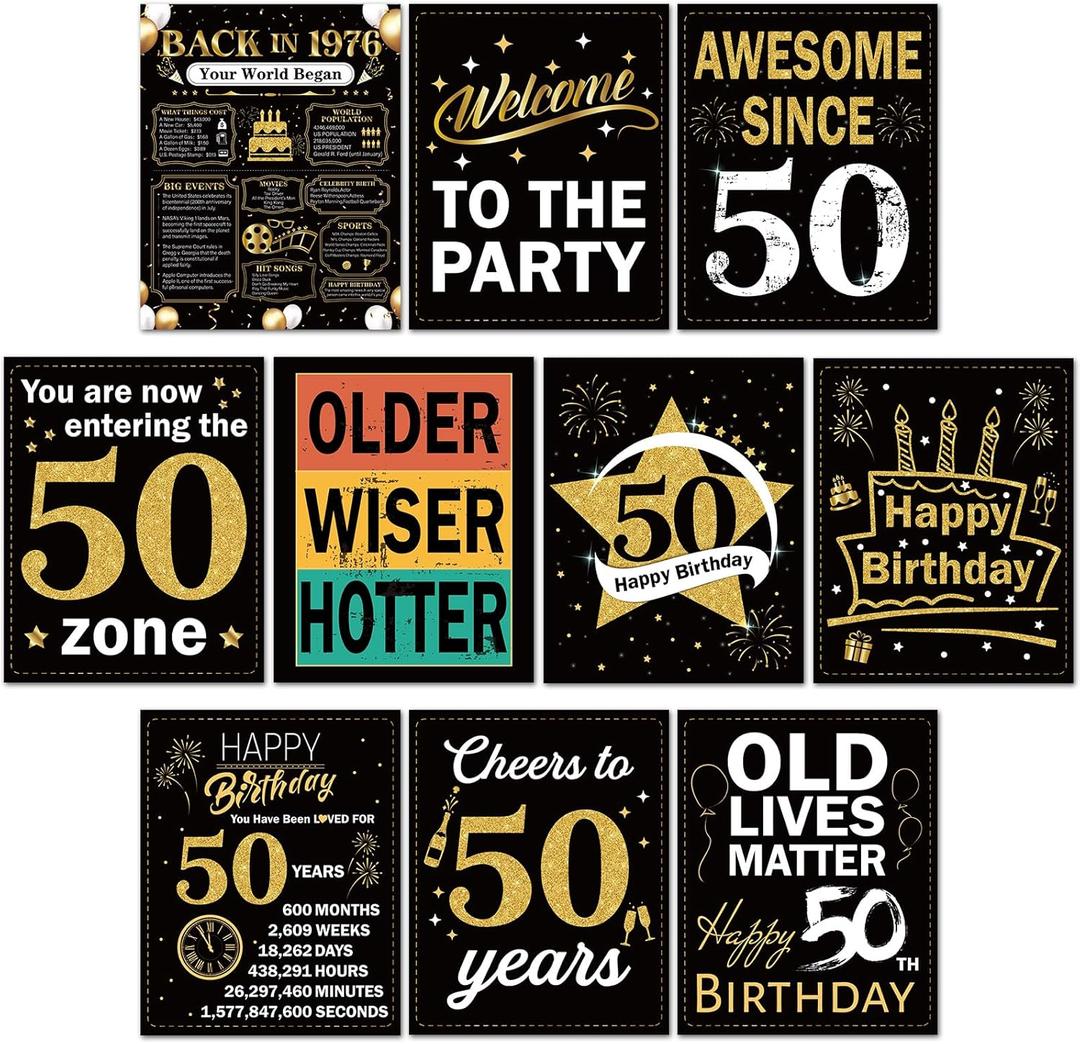 4 x 10pcs Black Gold 50th Birthday Decorations Happy 50 Years Old Posters for Men Women 1976 Birthday Poster Signs for Fifty Years Old Table Toppers Photo Props Supplies Wall Door Window Decor 11 x 14 in