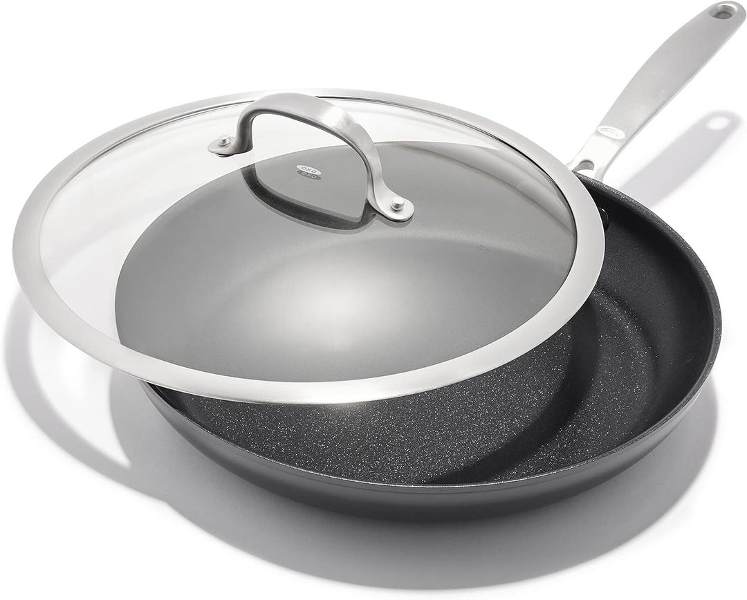 OXO Enhanced 12 Nonstick Frying Pan Skillet with Lid, Ceramic PFAS-Free Cookware, Durable Hard Anodized, Scratch Resistant, Stainless Steel Handle, Eggs & Omelets, Dishwasher & Oven Safe, Black