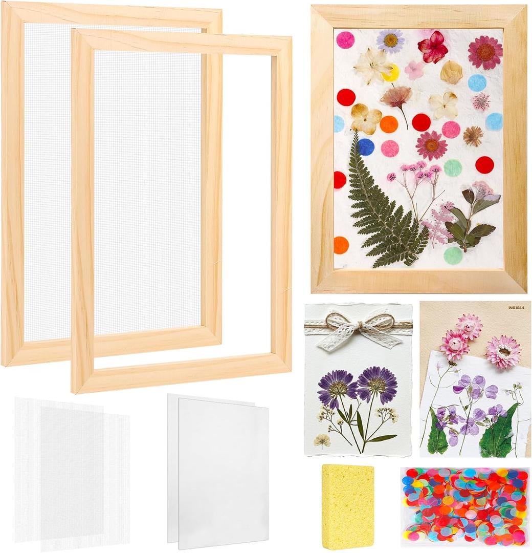 Aboofx Paper Making Kit, A4 Size Paper Making Screen Frame Kit, Wooden Mold and Deckle with Mesh, Absorbent Papers, Sponge and Confetti, DIY Handmade Papermaking Supplies Gift for Craft Lovers