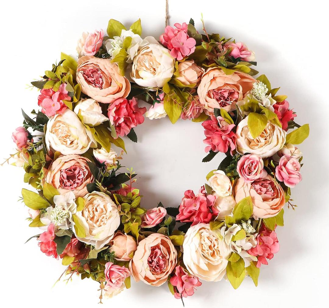 Peony Spring Wreaths for Front Door Outside 22 inch Handmade Summer Wreaths for Front Door Wall Window Decor in All Season(Large)