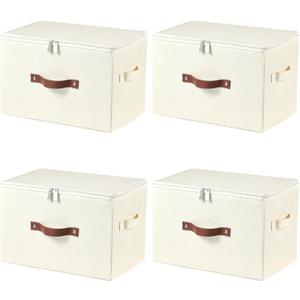 4 Pack Storage Bins with Zipper Lid Cotton Linen Fabric Lidded Storage Baskets Boxes Foldable Washable Closet Shelf Clothes Organizer Container with PU Leather Handles (Beige, Large)