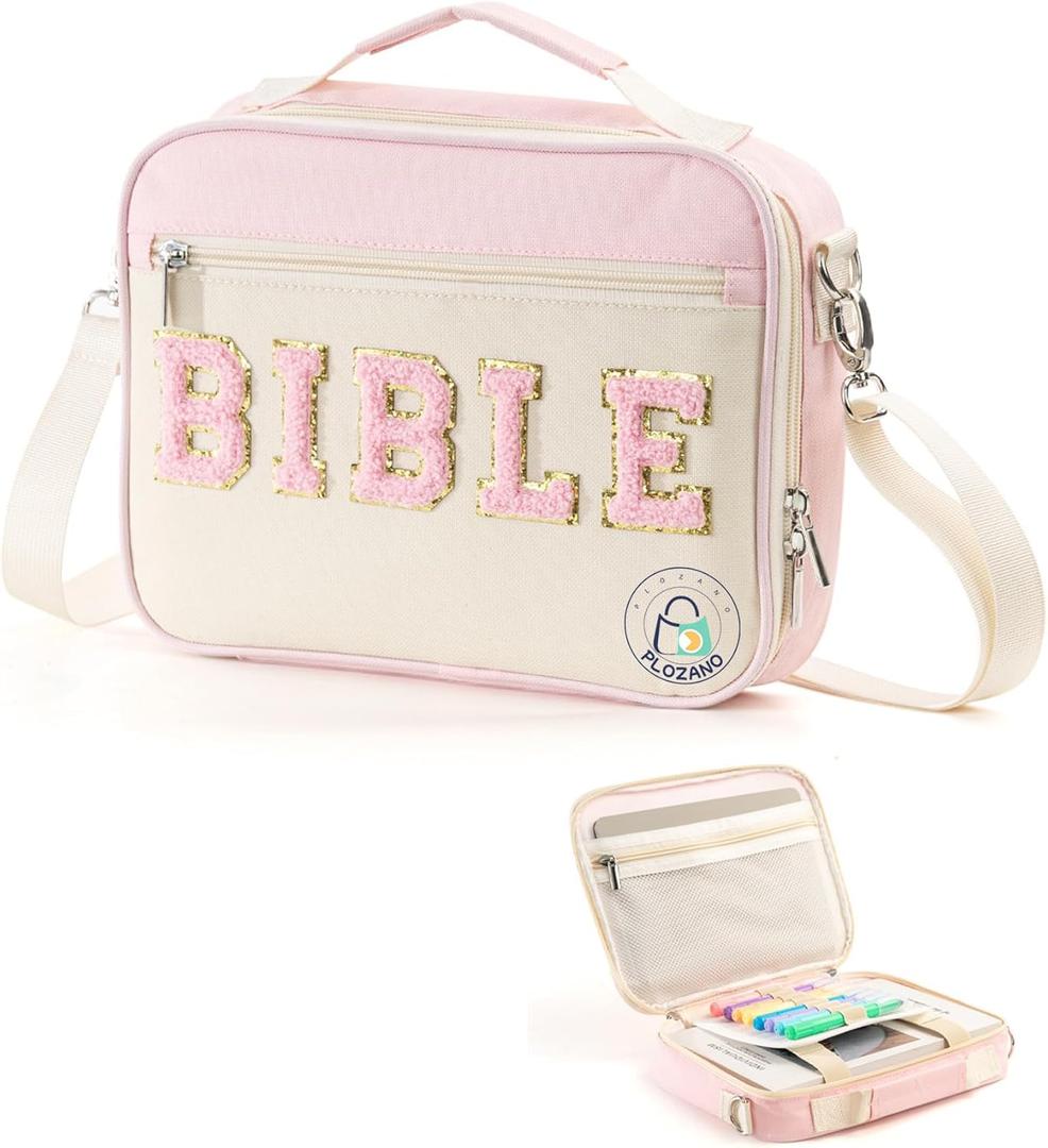 Bible Cover Case for Women, Large Chenille Letter Bible Bag with Shoulder Strap,Pink Bible Carrying Tote Bags for Bible Study Accessories, for Women Lady Teen Grils