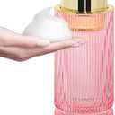 Foaming Soap Dispenser, Pink Glass Foam Hand Soap Dispenser with Gold Pump, 14 Oz Bathroom Refillable Liquid Lotion Pump Ribbed Bottle Container for Kitchen Countertop Decor, 1