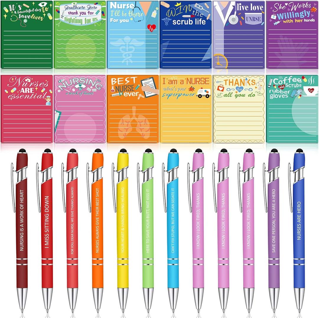 Geyee 24 Pcs Sarcastic Notepads with Sayings Ballpoint Pens Funny Sticky Pads 3 x 4 Inch to Do List Funny Notepads Pens for Coworker Nurse Teacher Employee Office Appreciation Gifts(Nurse)