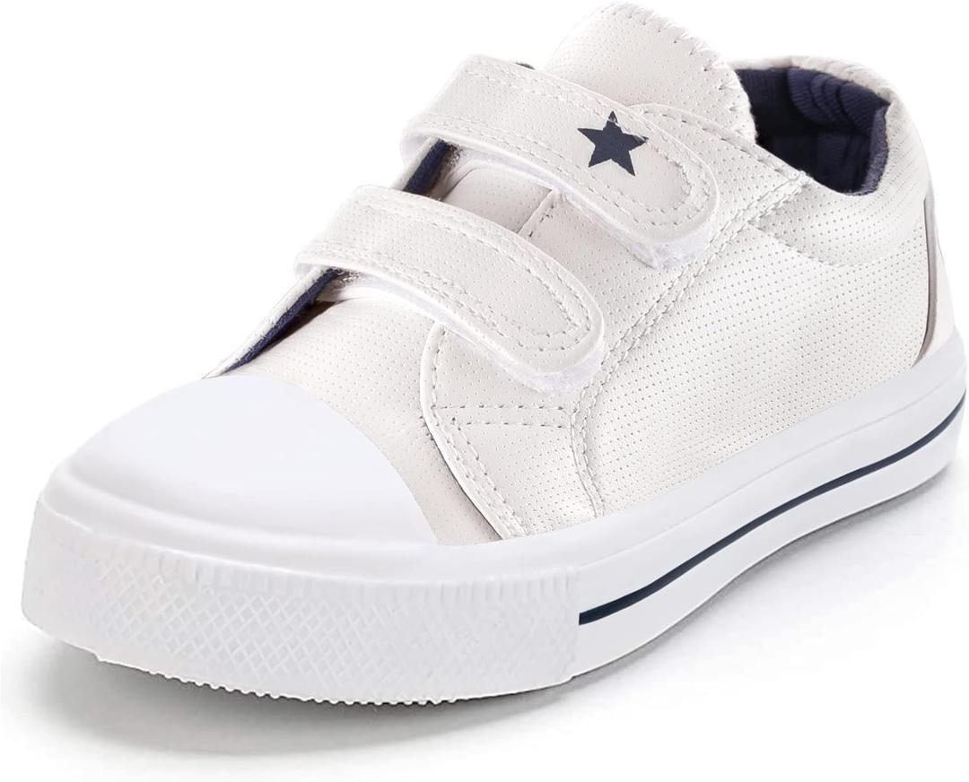 K KomForme Toddler Boys & Girls Shoes Kids Canvas Sneakers with Cartoon Dual Hook and Loops (White)