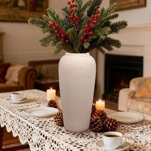 Tall Ceramic Vase 12 Inch Neutral Textured Vase,Cream Ceramic Vase for Home Decor,Farmhouse Tall Ceramic Flower Vase for Dining Table,Living Room,Kitchen,Bedroom,Entryway