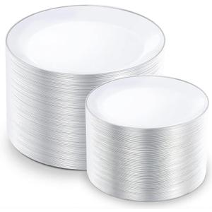 KIRE 200PCS Silver Plastic Plates - White Plastic Plates with Silver Rim Include 100 Dinner Plate and 100 for Dessert/Salad Plate for Birthday/Wedding/Party