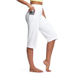 Capri Pants for Women High Waist with Pockets Tummy Control Capri Workout Yoga Pants Loose Straight Leg (X-Large, White)