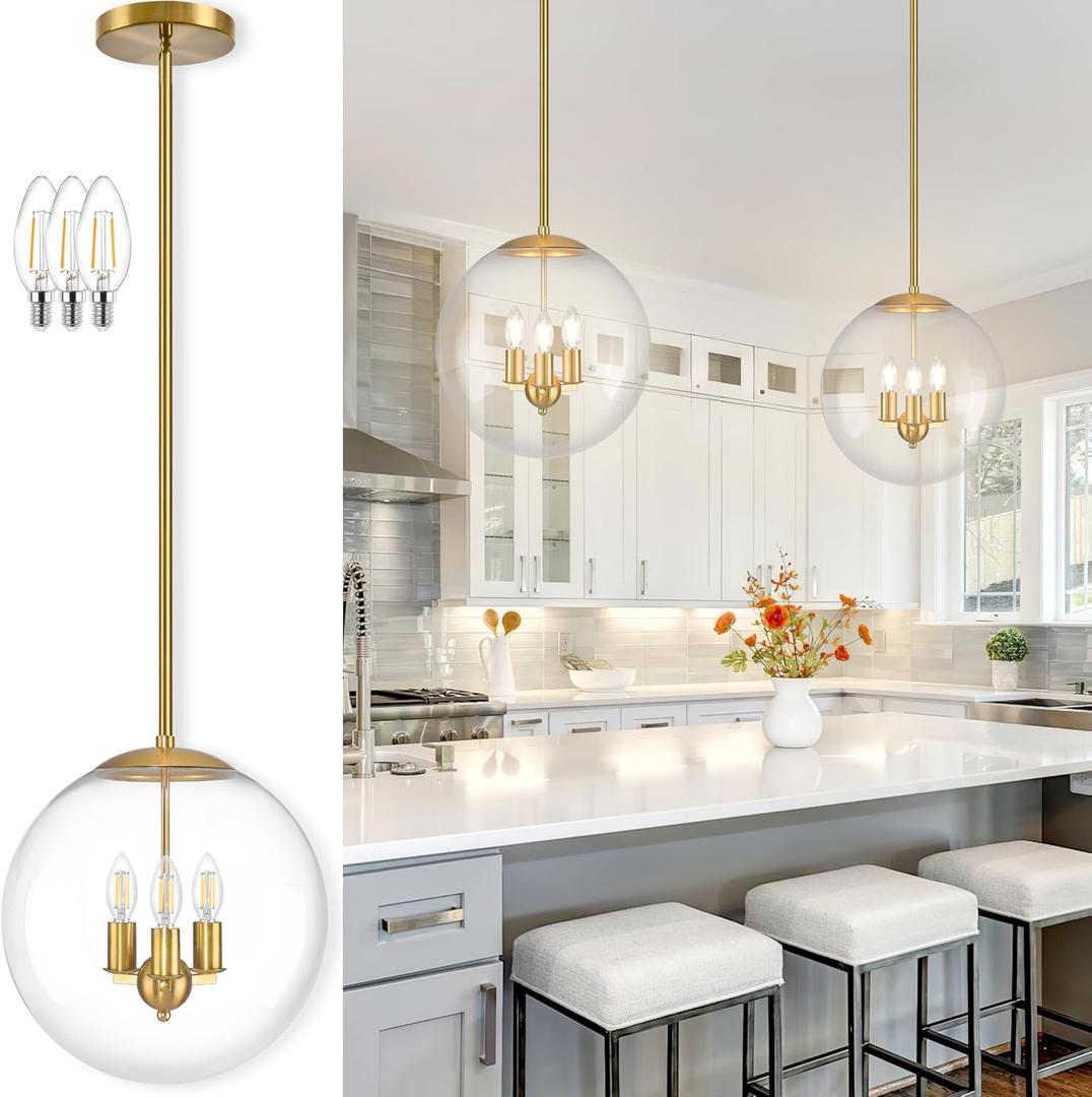 Bagood 14" Globe Pendant Light Contemporary Globe Pendant Lights Kitchen Island 3 Light Gold Mid Century Pendant Light Clear Glass with Brass Finish Adjustable Hanging Light Fixture for Dining Room