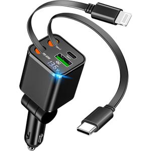 Retractable Car Charger, 120W 4-in-1 USB-C & Lightning Fast Charge Car Phone Charger, Dual Retractable Cable for iPhone 17/16/15/14/13/12 Samsung Travel Essentials Gifts for Women Men