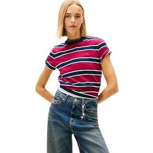 Tommy Jeans Women's Short Sleeve Cotton Striped T-Shirts with Embroidered Flag Logo, Medium