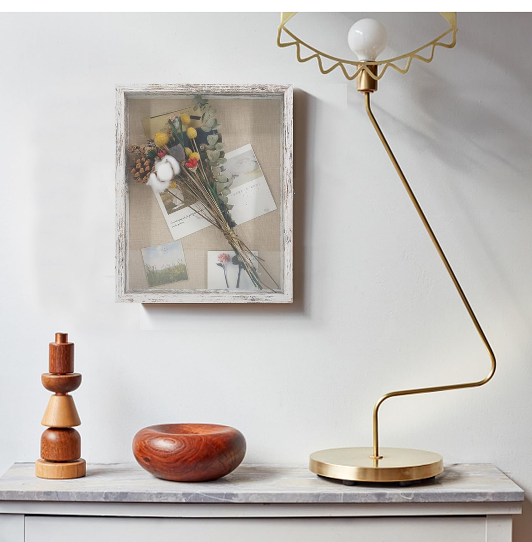 GraduatePro Shadow Box Frame 14X11 Display Case with Linen Back, Real Glass Window Door with Hinge, Picture Frame Wedding Bouquet Memorabilia Medals Photos Memory Box for Keepsakes Rustic White