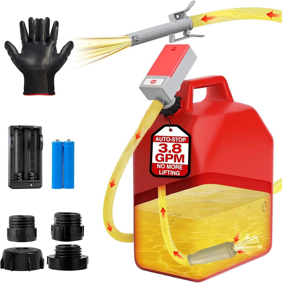 Fuel Transfer Pump - 3.8 Gpm Battery Powered by Auto-Stop, 51-Inch Hose, 4 Adapters for Natural Gas, Petroleum, Portable Electric Siphon Pump for Trucks, RV & Boats