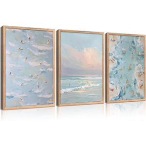 Framed Blue Ocean Wall Art Coastal Surf Poster Beach Vacation Picture Wall Decor Abstract Beach People Surfing Painting Seashore Canvas Print Artwork for Living Room Bedroom Apartment Decoration