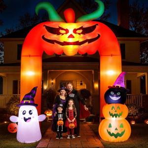 11FT Halloween Inflatable, Giant Halloween Inflatables Archway, Inflatables Blow Up Scary Pumpkin with Ghost and Cat for Lawn Garden Yard Holiday Party Decoration