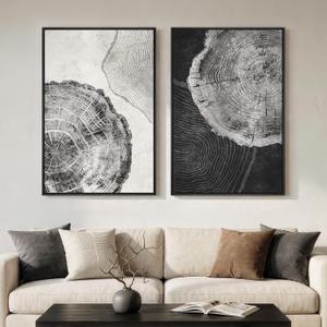 Framed Black and White Tree Ring Wall Art for Living Room, Set of 2 Large Abstract Wood Grain Canvas Prints Paintings, Modern Farmhouse Nature Artwork Decor for Bedroom Hallway, 24x36 Inch