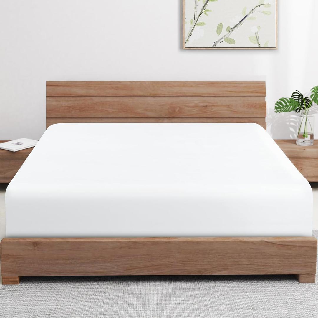 Bamboo Viscose Cooling Fitted Sheet King Size Only, 400 Thread Count, 16" Deep Pocket Cooling Bottom Sheets for Hot Sleeper, Silky Soft Breathable (King, White
