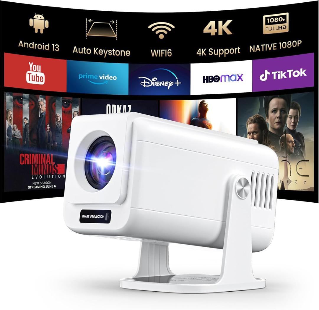 [Built-in Apps ] Mini Projector with WiFi and Bluetooth, Native 1080P Smart Projector 4K Support, Auto Keystone, Android 13 , Portable Outdoor Movie Projector Compatible with HDMI/USB/TV Stick/Laptop