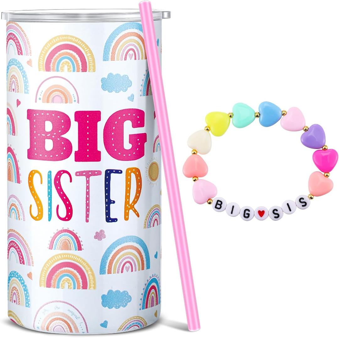 Maxcheck 2 Pcs Big Sister Gift 12 oz Pink Big Sister Cup Stainless Steel Tumbler with Leak Proof Lid and Straw Baby Mug Bracelet Announcement Jewelry for Little Girl Toddler