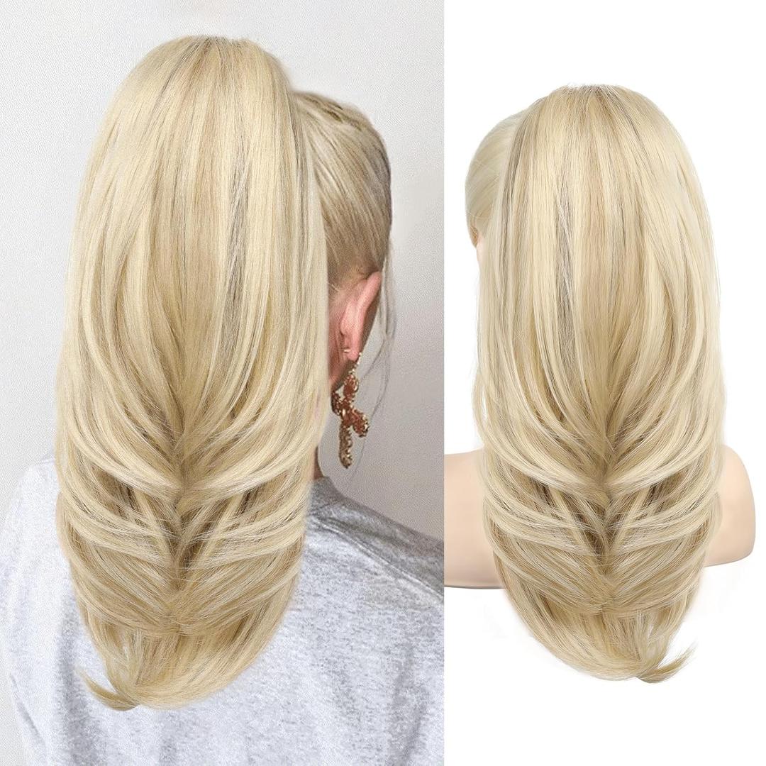 SEIKEA Versatile Drawstring Ponytail Extension, 18" Long Wavy Multi Layered Clip in Ponytail Hair Extensions Stand Up High Fake Pony Tail Soft Natural Synthetic Hairpiece Ash Blonde/White Blonde