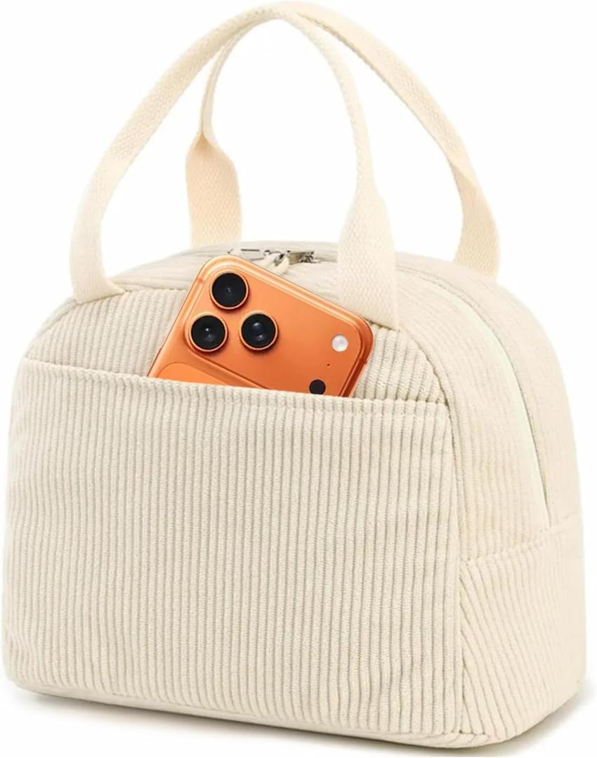 Corduroy Insulated Lunch Tote with Front Pocket for Women & Men  Leakproof Reusable Meal & Food Bag, Large Capacity for Office, Picnic & Travel  Beige
