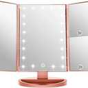 3 Folds Lighted Vanity Makeup Mirror,1X/2X/3X Magnification, 21 LED Light Bright Table Mirror with Touch Screen,180 Adjustable Rotation,Portable Travel Cosmetic Mirror (Rose Gold)