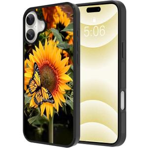 KANGHAR Floral Case for iPhone 16 Plus Case Sunflower Butterfly Anti-Slip Drop Protection with Soft TPU Bumper Shockproof Protective Phone Cover for Women Girls
