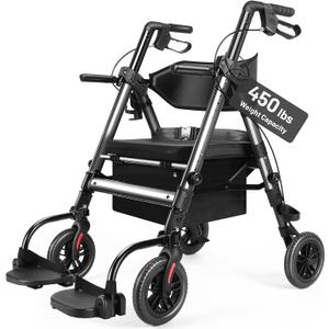 Heavy Duty Rollator Walker for Seniors with Seat, Foldable 2 in 1 Rolling Walkers Wheelchair Combo for Adult, All Terrain Wheels, Adjustable Transport Chair with Brake, 450 lb. Weight Capacity, Grey