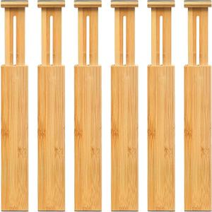VaeFae Adjustable Bamboo Drawer Dividers, Expandable Drawer Organizer for Kitchen, Bedroom, Bathroom, Dresser and Office, 6-Pack, Size: 2.4"High, 16.6-21.8"Long