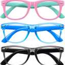 Okany Blue Light Glasses for Kids 3 Pack Blue Light Blocking Glasses for Teen Boys Girls Age 3-10,Computer Screen Gaming TV Phone Glasses Anti Glare,UV & Eye Strain (Grey Black+Pink Green+Blue)