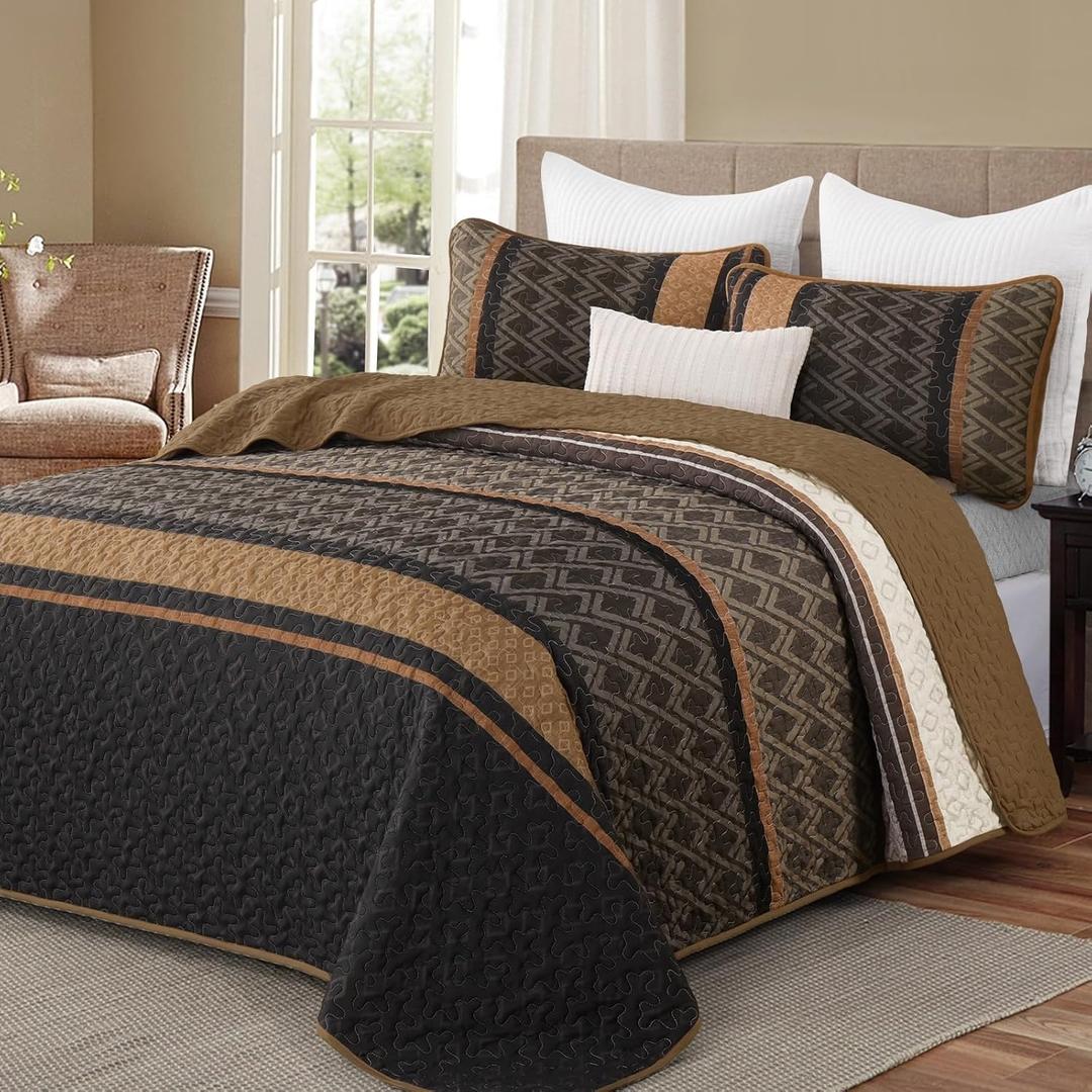 Boho Queen Quilt Set, Striped Fall Soft Bedspreads, Brown