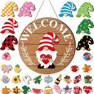 Qunclay Interchangeable Wooden Gnome Decor Holiday Seasonal Gnome Decorations with Magnet Pieces and Detachable Hats Changeable Welcome Sign for Home(Simple Style)