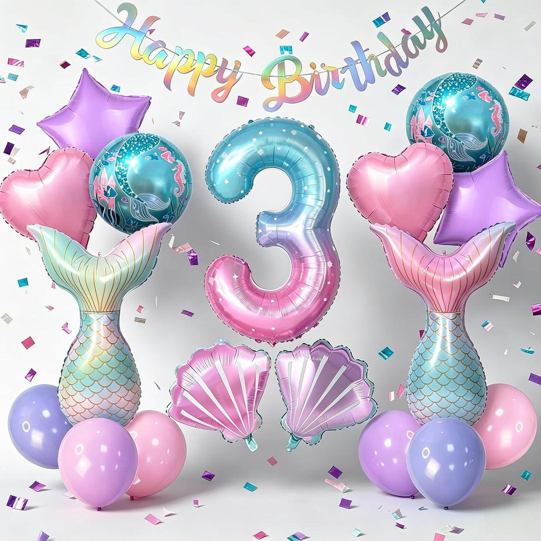 Mermaid Birthday Decorations for Girls Age 3-7, Purple Blue Pink Mermaid Theme Party Supplies with Large Shell Foil Balloons, Banner, Heart and Star Balloons for Kids Baby Shower (3rd)
