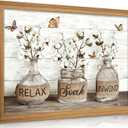 Framed Farmhouse Bathroom Canvas Wall Art Brown Rustic Cotton Flower Painting Picture Wall Decor Modern Relax Soak Unwind Sign Poster Print Artwork for Living room Restroom Home Decoration, 24"L x 16"W