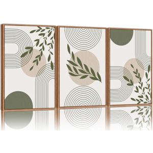 Yeehomedec Boho Sage Green Framed Canvas Wall Art, Mid Century Modern Wall Decor, Large Minimalist Botanical Art Print, Abstract Geometric Line Leaf Art Painting for Bathroom Living Room Bedroom Office 16"x24"x3