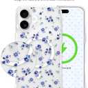 Jusy Magnetic Cute Flower Case for iPhone 16 Plus, Cute Aesthetic White Floral Pattern Phone Case Compatible with Magsafe, Soft TPU Protective Phone Cover for Women Girls - Blue Flower