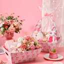 Kolldenn 24 Pcs Pink Bow Valentine's Day Empty Gift Basket Bulk to Fill for DIY 8" x 10" Gift Basket Kit with Handles 8 Cardboard Tray 8 Bags and 8 Bows for Wedding Party Wrapping